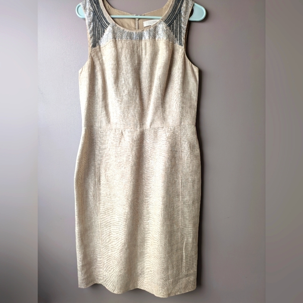 LOFT Metallic Cream Midi Sheath Dress with Silver Beaded Yoke